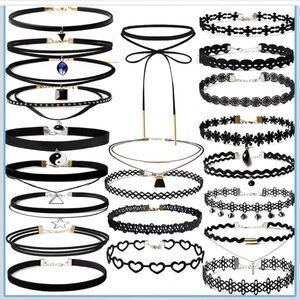 Yoker 22 Piece Choker Necklace Set Adult Fashion Charm Gothic Black Velvet NEW